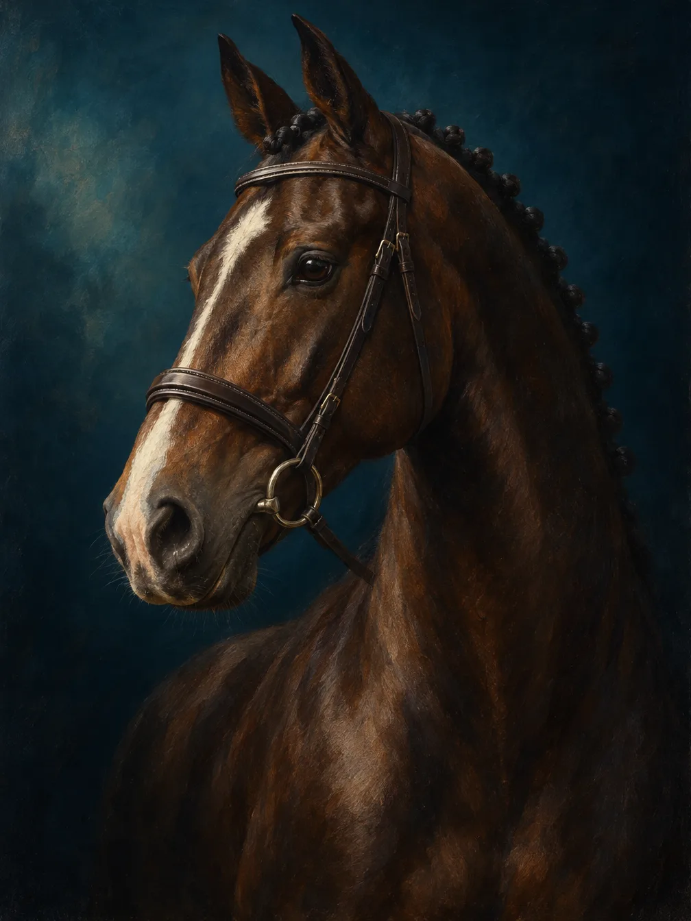 Oil portrait of a dark bay horse with a white blaze and braided mane